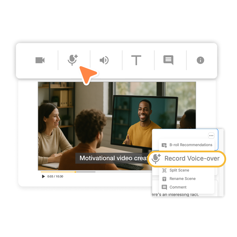 Access the commentary voiceover feature in Visla’s editor.